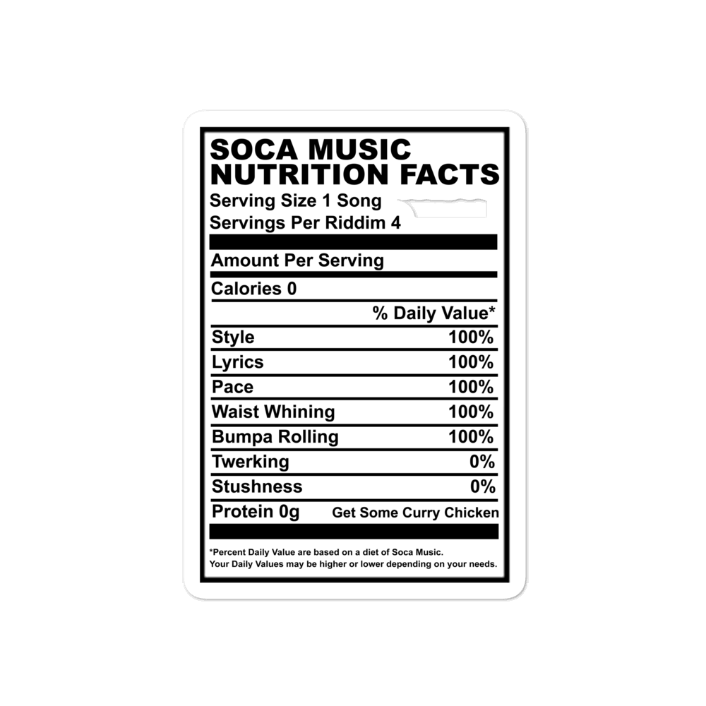 Soca Music Nutrition Facts Bubble-free stickers